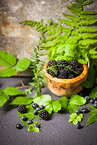 新鲜采摘的黑莓装在绿叶木碗里图片