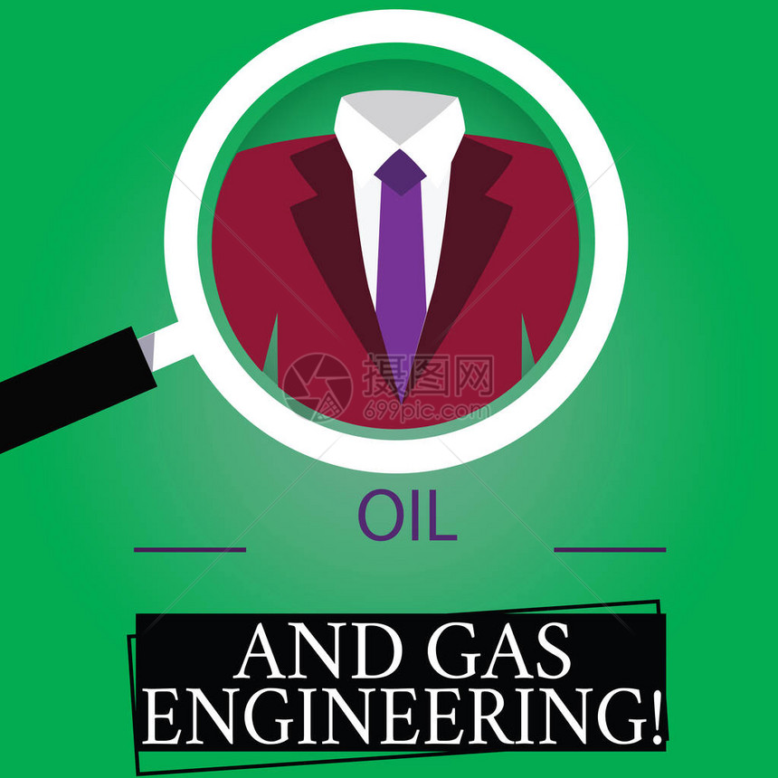 显示石油和天然气工程的文本符号概念照片石油公司工业过程工师放大镜照片放大检查下面的燕尾图片