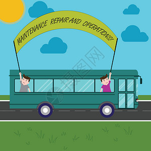 工业修理商服务2名校内儿童用公交车和棍棒在日间旅行中搭乘校车开出Banner的班车背景图片