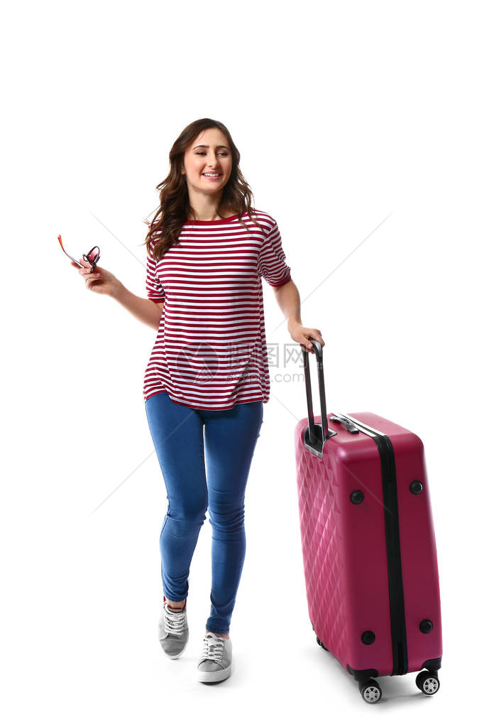 白色背景行李的女游客图片