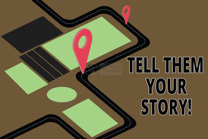 显示告诉他们你的故事的文字符号概念照片讲述您的演示背景和生活经历路线图导航标记3D定位器针图片