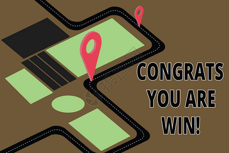 显示恭喜你获胜的文字符号概念照片祝贺您完成竞赛获胜者路线图导航标记3D定位器针背景图片