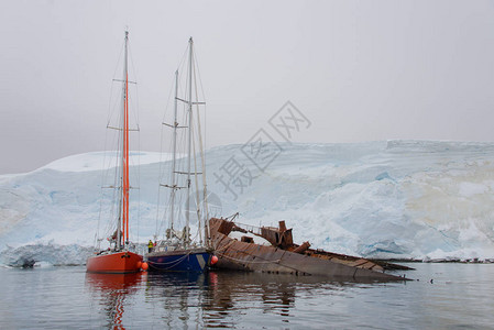 两艘游艇停泊在南极海的帆船上停靠在图片