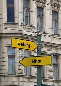 带有箭头的黄色路标和德国柏林最重要地区的指示图片
