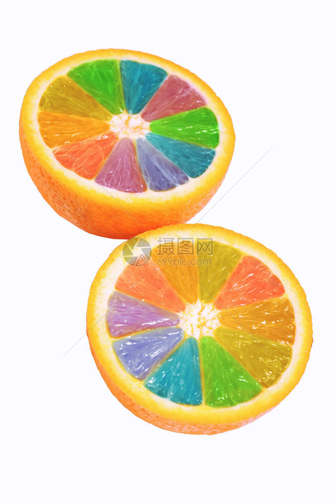 彩虹色柑橘片白底隔离橙图片