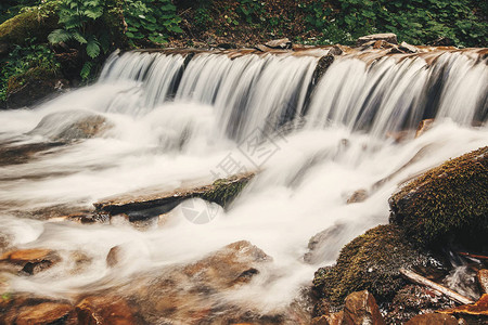 美丽的瀑布在山中的森林与流动的运动w图片