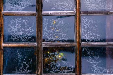 鲜艳的圣诞树在冰霜状的冰冻玻璃窗玻璃后图片