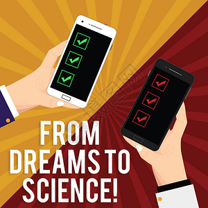 手写文字从梦想到科学概念意义想象力在现实技术中的转变两个胡分析手各自拿着空白智能手机在Sunbur背景图片