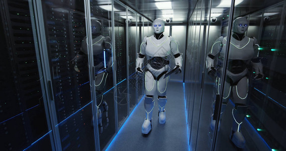 数据中心机架中服务器机房走廊中类人白色机器人与硬件一图片