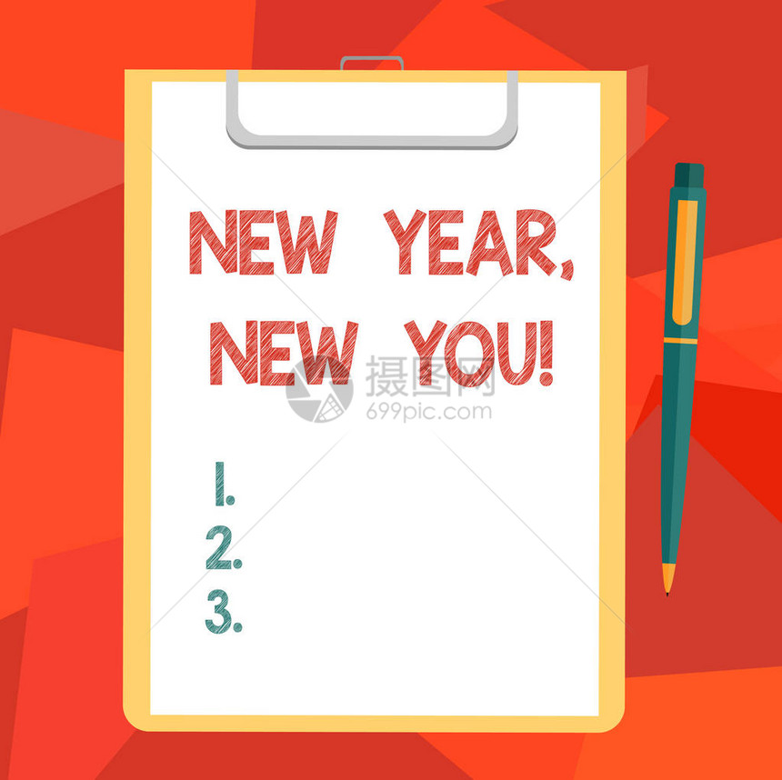 文字书写文本新年你365天机会改变您的期望的商业概念剪贴板上的空白债券纸与点击圆图片