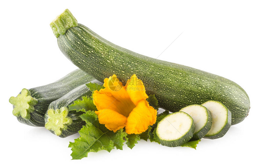 Zucchini花朵和叶子在白色图片