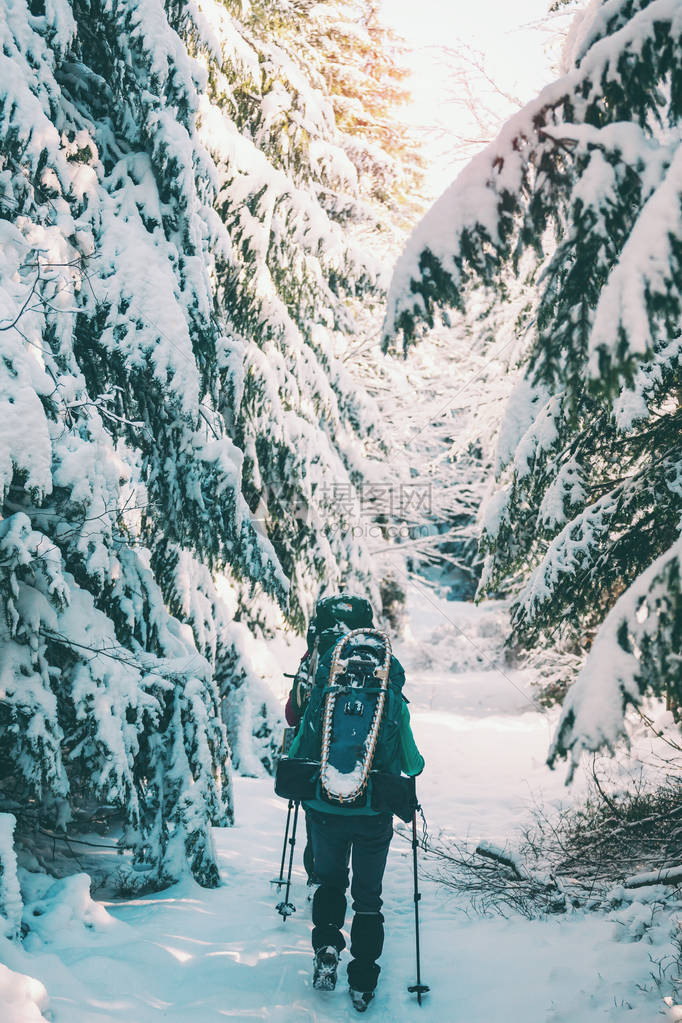 两名妇女在冬季远足带着登山杖的女朋友在雪覆盖的山路上背包和雪鞋的女孩一起旅行朋友们在阳光明媚的日子图片