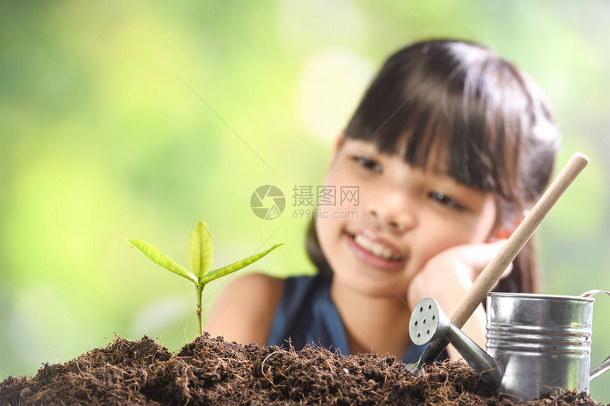 一个女孩在土壤上种植年轻植物希望图片