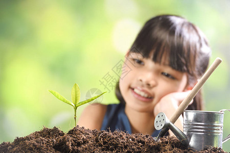 一个女孩在土壤上种植年轻植物希望图片