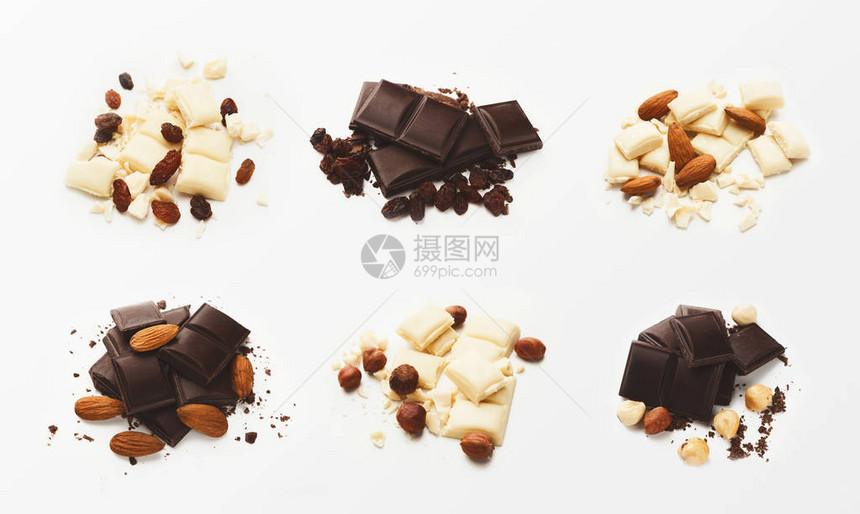 收集不同种类的巧克力和白色背景的坚图片