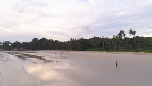 在海边的热带沙滩上慢跑的人空中一个在海滩上训练的跑步者图片