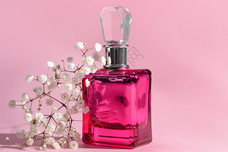 彩色背景上的一瓶香水和鲜花图片