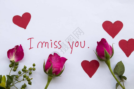 我想念你写留言卡笔迹画红心和粉红玫瑰花在情人节的白背景图片