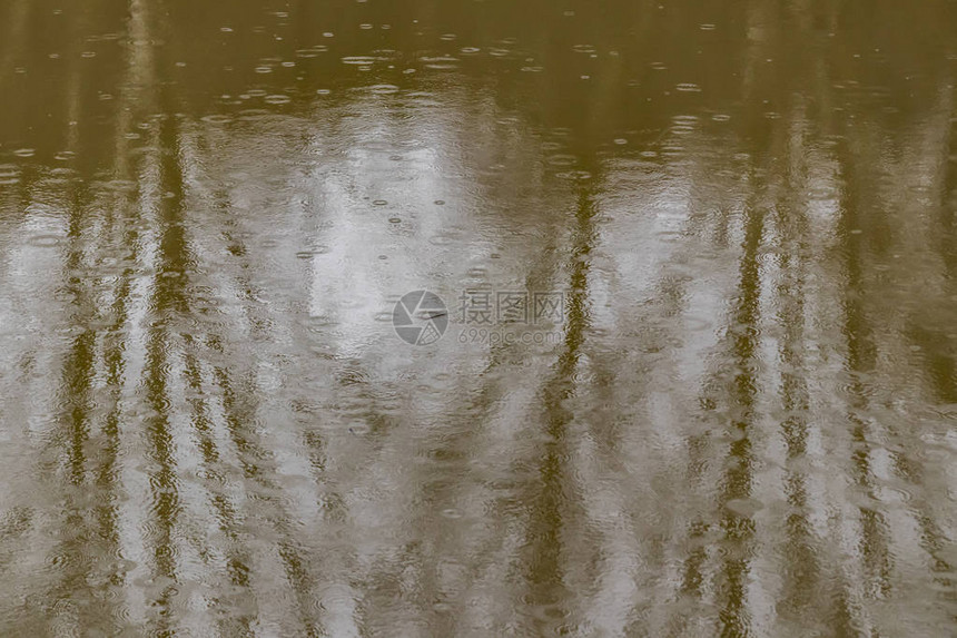 大自然池塘上的倒影和雨滴图片