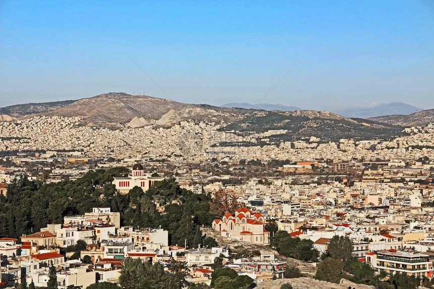 从雅典市的Acropolis山丘天文台和希腊雅典ThissioNymphs山上的StMari图片