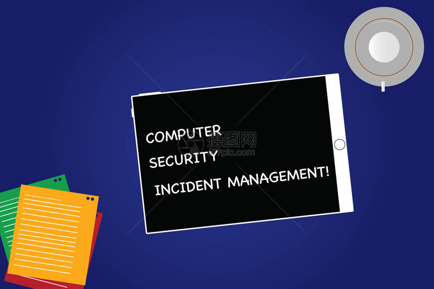 手写文本计算机安全事件管理概念意义安全网络技术分析平板空屏杯碟和空白颜色背图片