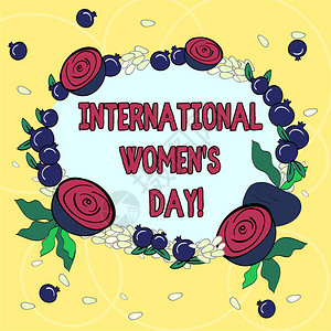 手写文字国际妇女节概念意义国际庆祝妇女成就花环由小种子小光泽石榴图片