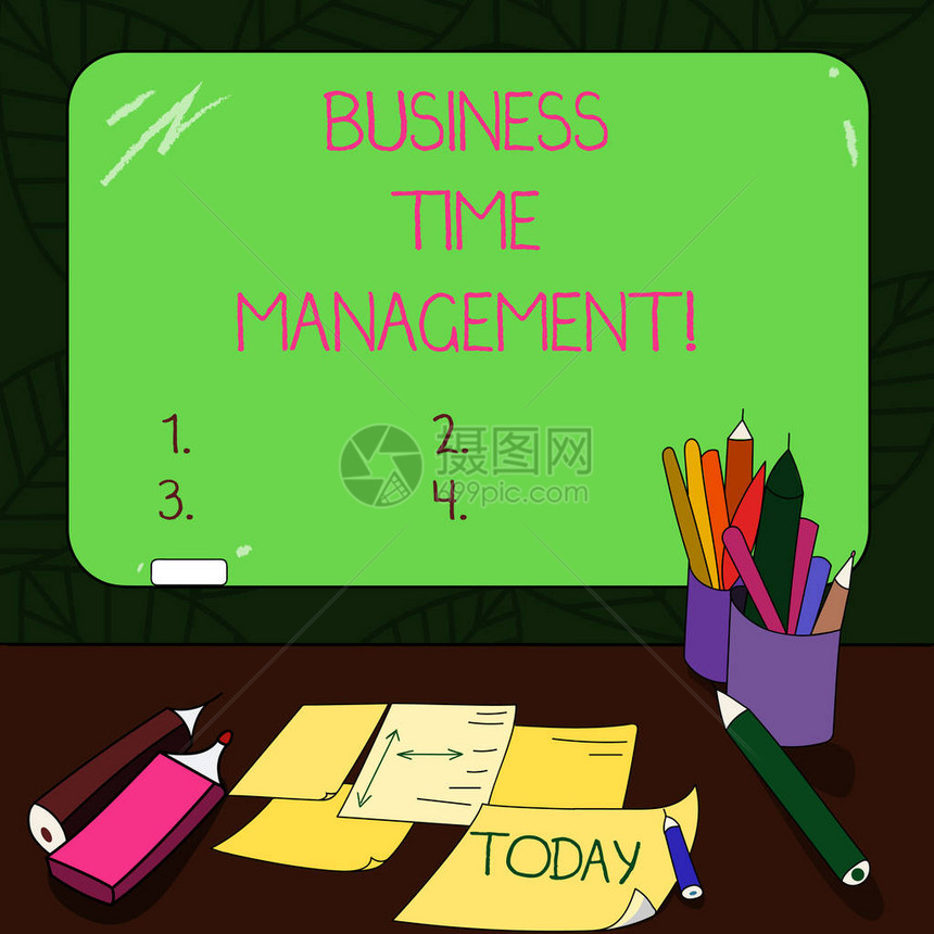 显示业务时间管理的文本符号概念照片组织和规划如何分配时间用粉笔和书写工具表在桌上安装图片