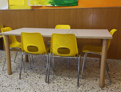没有孩子的幼儿园中的黄色椅子和一张小背景图片