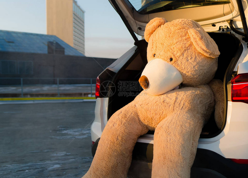 巨型泰迪熊和红色丝带坐在户外汽车引擎盖的顶端有文字空间爱图片