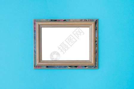 蓝背景的空白旧木板美术画廊博物馆展背景图片
