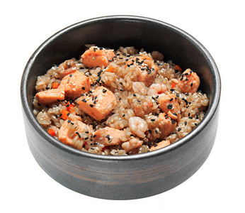 碗里有虾米炸鲑鱼和蔬菜图片