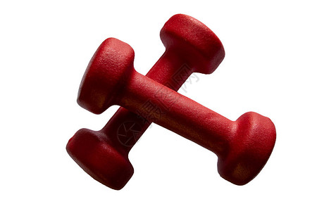 2个红色橡胶或塑料涂着外皮的健身哑铃图片
