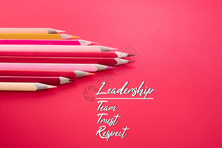 领导经营理念红色铅笔在粉红色背景上用领导力团队信任和尊重一词图片