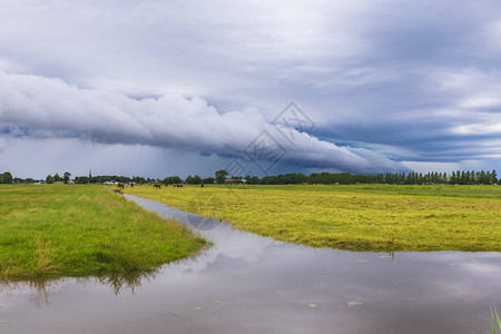荷兰绿色农田和水面上空的陆架云和雷暴图片