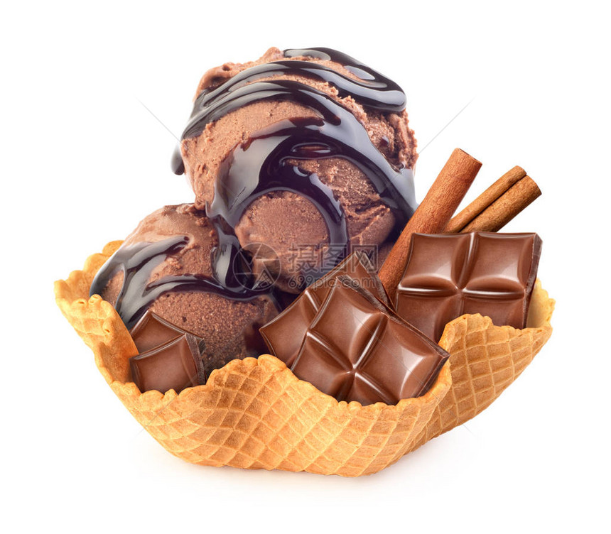 巧克力冰淇淋和松饼篮里加肉桂的图片