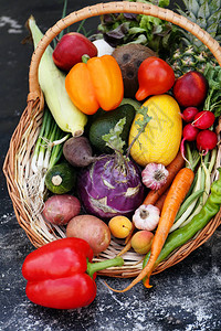 健康食物背景大篮子中不同蔬图片