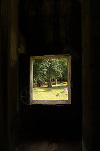 透过寺庙石窗看到的树木图片