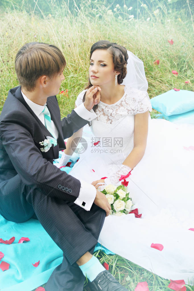 新娘和新郎坐在玫瑰花瓣的绿草地上图片