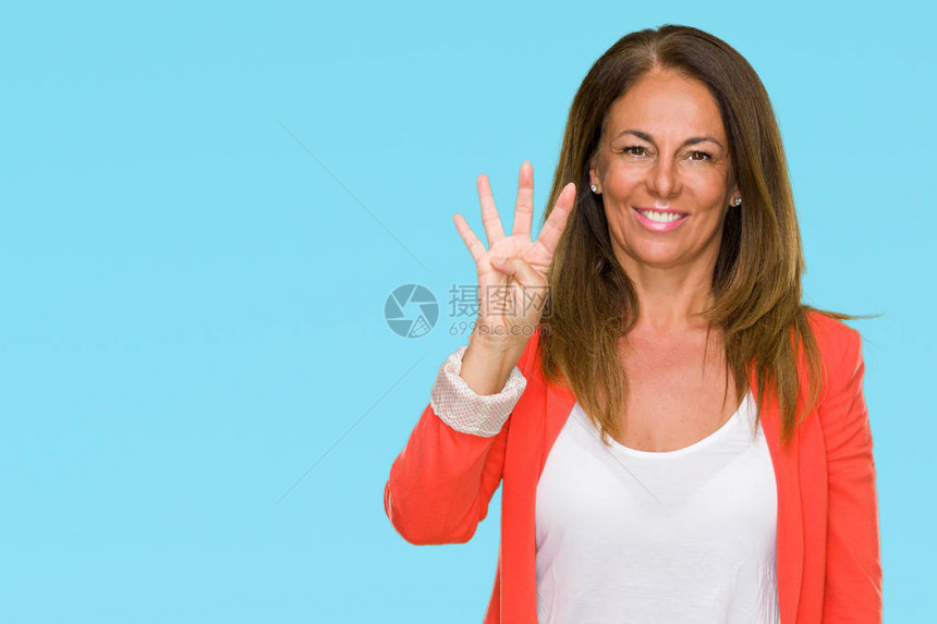 美丽的中年商业成年女在与世隔绝的背景下展示并用四号手指向上方图片
