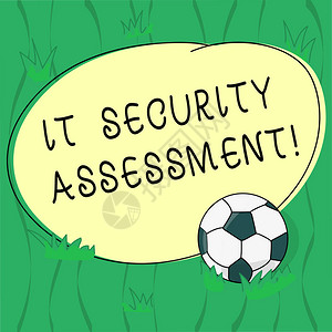 文字书写文本它安全评估确保必要的安全控制措施到位的商业概念草地上的足球和空白轮廓背景图片