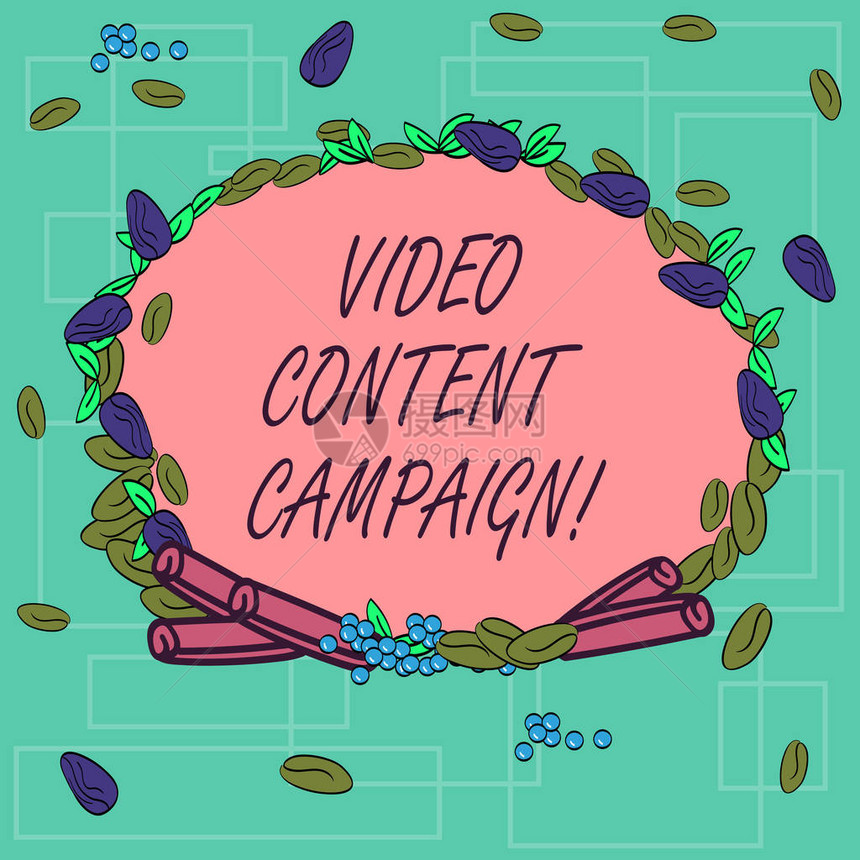 文字书写文本视频内容活动将参与视频整合到营销活动中的商业概念由不同颜色的种子叶和肉桂卷制图片