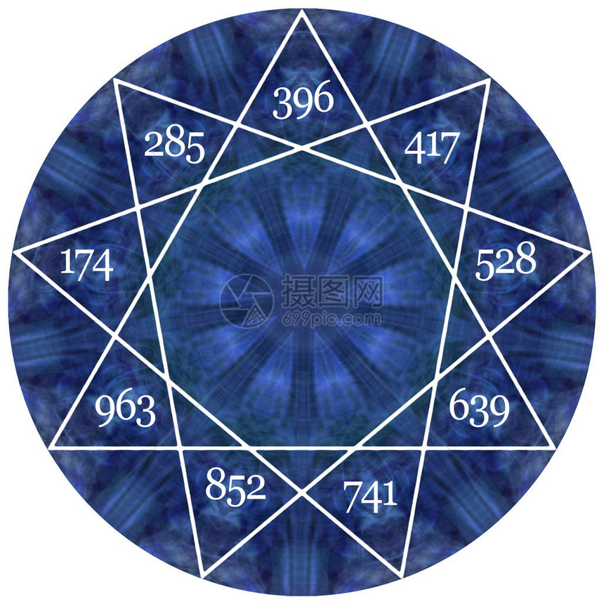 九个视唱治愈频率位于蓝色圆圈中的九个尖星是9个古老图片