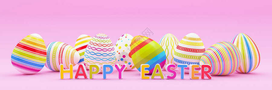 3d10个彩色油漆的复活节鸡蛋和快乐复活节关于粉红图片
