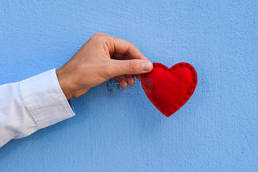 情人节快乐的贺卡蓝墙背景上的那个人给了一颗红心作为爱的象征图片