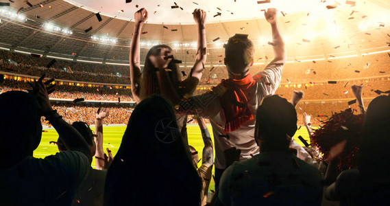球迷们在专业体育场的看台上庆祝他们最喜欢的运动队的成功体育场是图片
