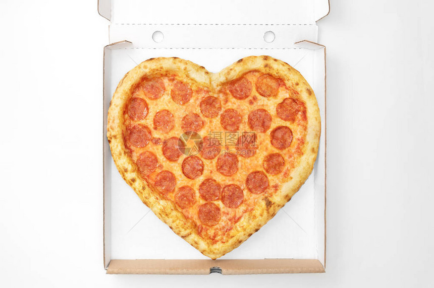 比萨心形顶视图在纸板箱交付情人节隔离在白色背景从上面查看情人节概念比萨饼交付图片