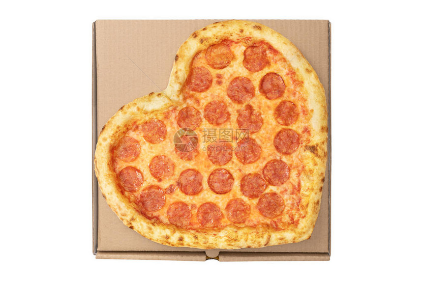 棕色纸板盒上的披萨心脏形状顶部视图图片