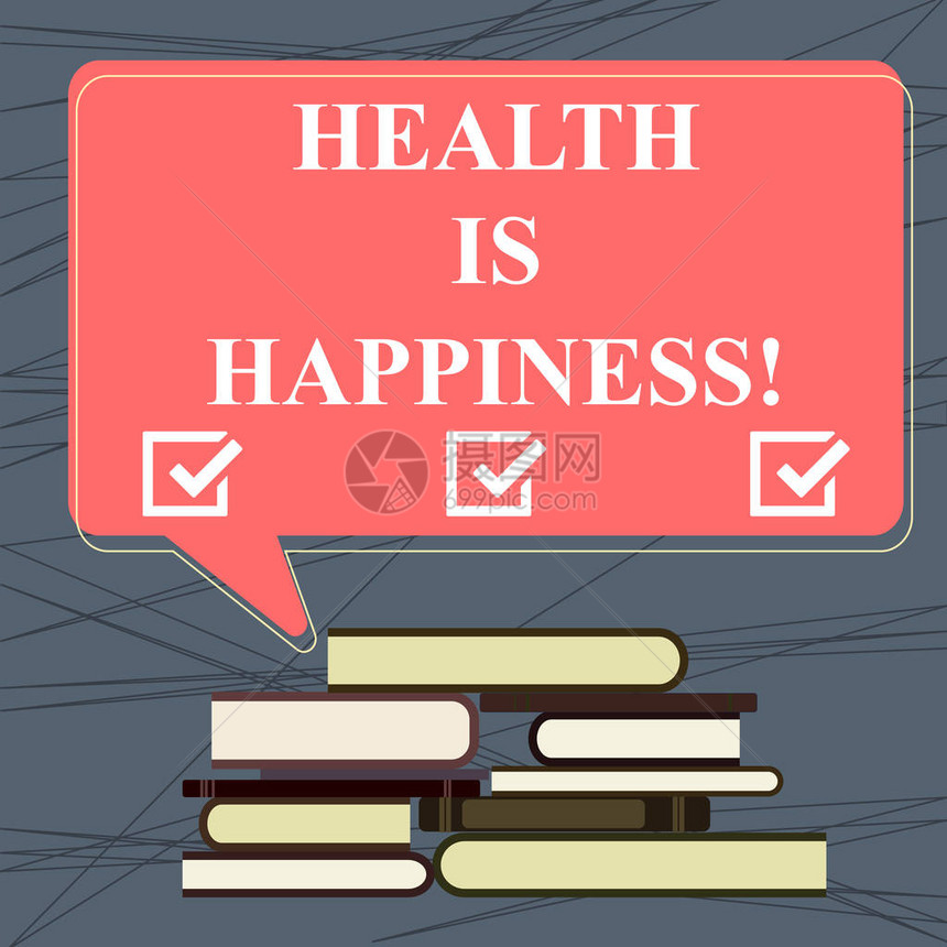 概念手写显示健康就是幸福商务照片文字状况和免费疾病导致幸福不均匀的一堆精装书和图片