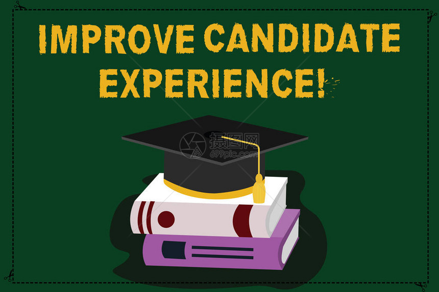 显示改善候选人体验的文本符号概念照片在招聘过程中培养求职者的感觉彩色毕业帽与流苏3D学术帽照图片
