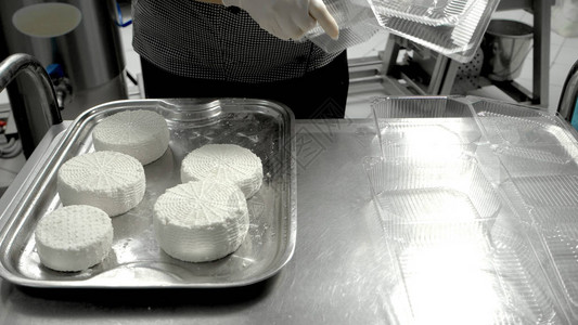 小型制造的新鲜奶酪轮工业厂房上的圆形奶制品制作山图片